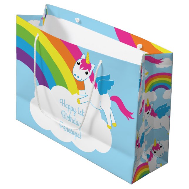 Unicorn Kids Birthday Party Large Gift Bag (Front Angled)