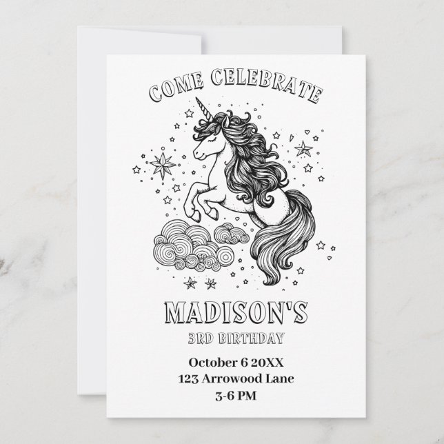 Unicorn Kids Birthday Party Personalized Colouring Invitation (Front)