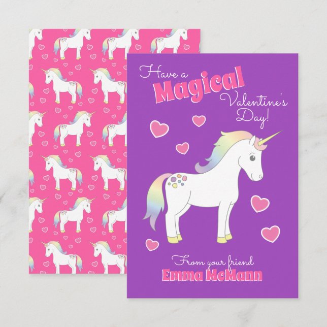 Unicorn Kids Classroom Valentine Cards (Front/Back)