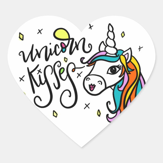 Unicorn Kisses, hand-drawn Heart Sticker (Front)