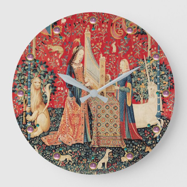 UNICORN,LADY PLAYING ORGAN Red Floral Large Clock (Front)