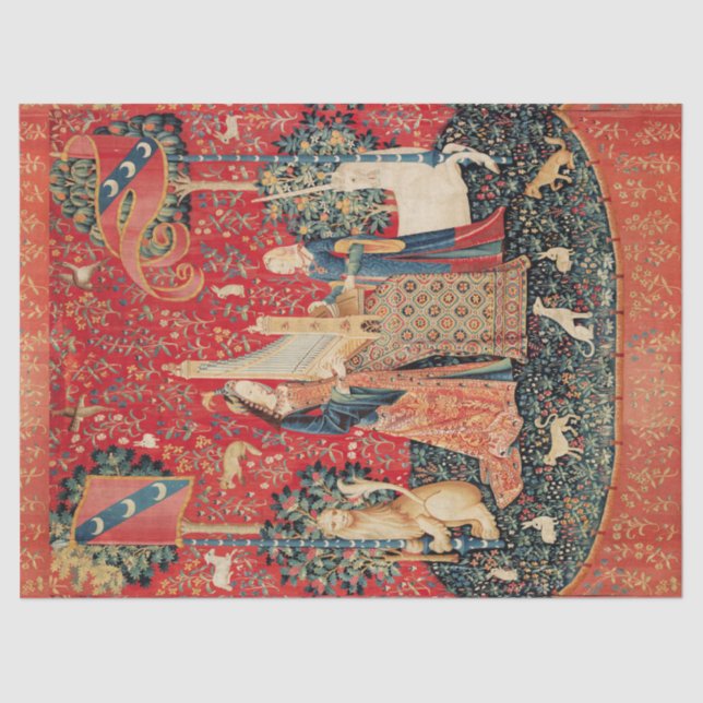 UNICORN,LADY PLAYING ORGAN Red Green Floral Tissue Paper (Front)