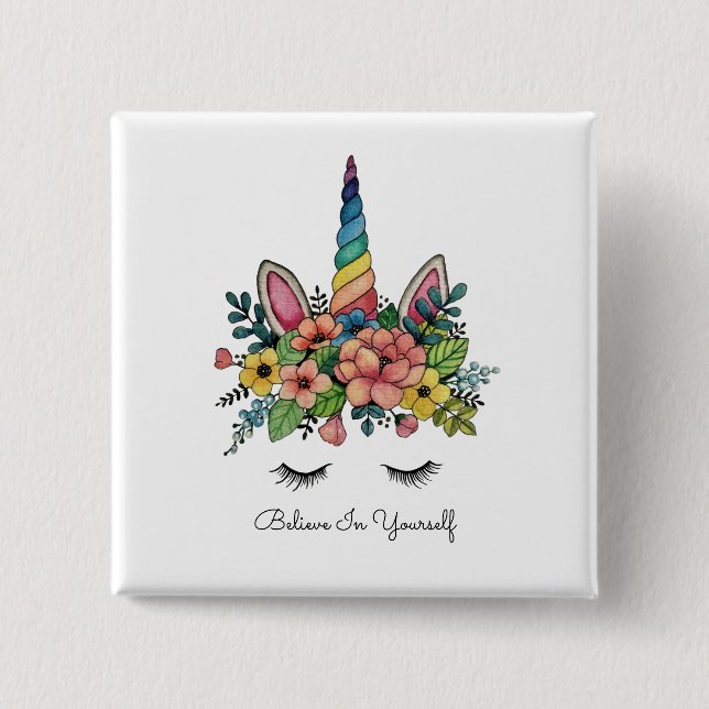 Unicorn Lashes With Rainbow Horn 2 Inch Square Button (Front)