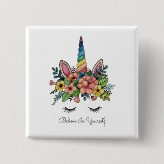 Unicorn Lashes With Rainbow Horn 2 Inch Square Button