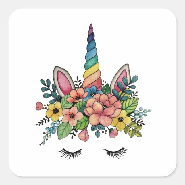 Unicorn Lashes With Rainbow Horn Square Sticker (Front)