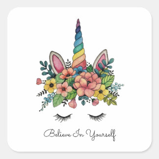 Unicorn Lashes With Rainbow Horn Square Sticker