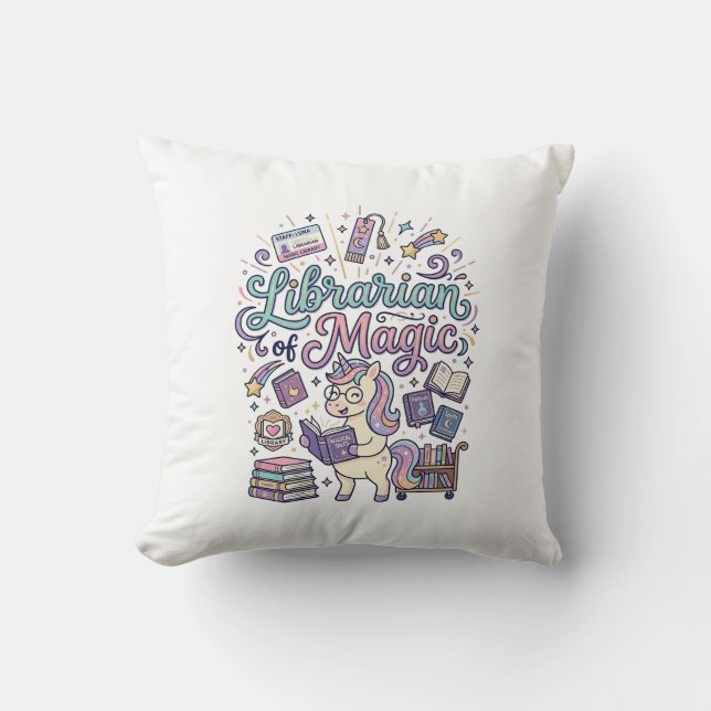 Unicorn Librarian of Magic Print Ready Apparel Gra Throw Pillow (Front)