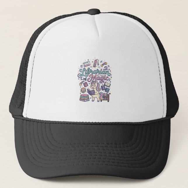 Unicorn Librarian of Magic Print Ready Apparel Gra Trucker Hat (Front)