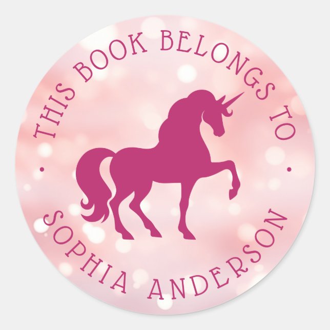  Unicorn light pink bokeh library book label (Front)