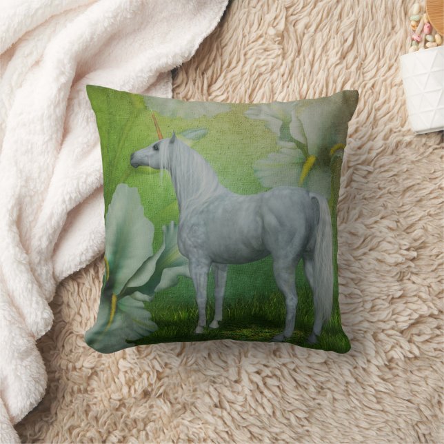 Unicorn Lily Flowers Fantasy Art Throw Pillow (Blanket)
