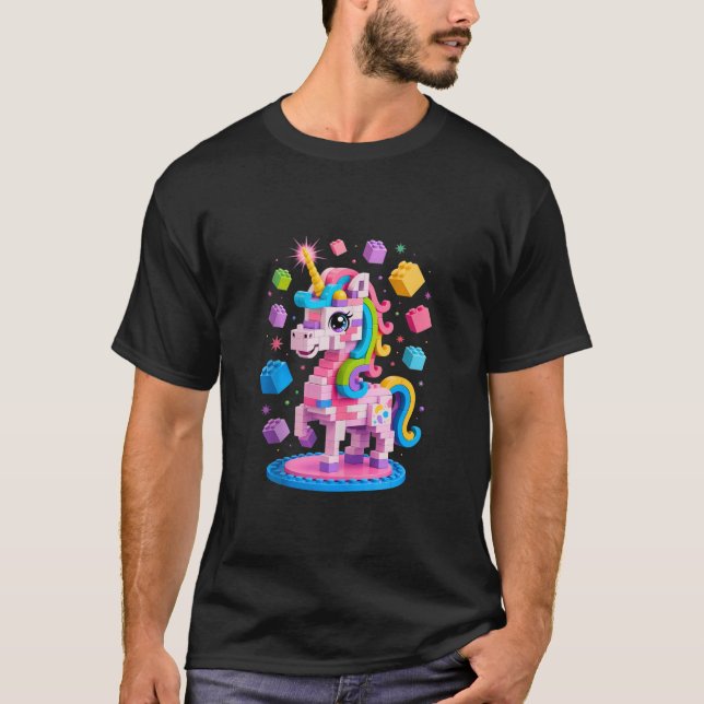 Unicorn Lover Master Builder Building Bricks Block T-Shirt (Front)