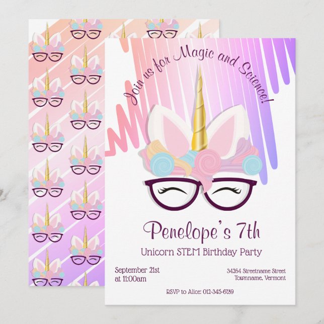 Unicorn lunettes Magique STEM Invitation Anniversa (Devant / Derrière)