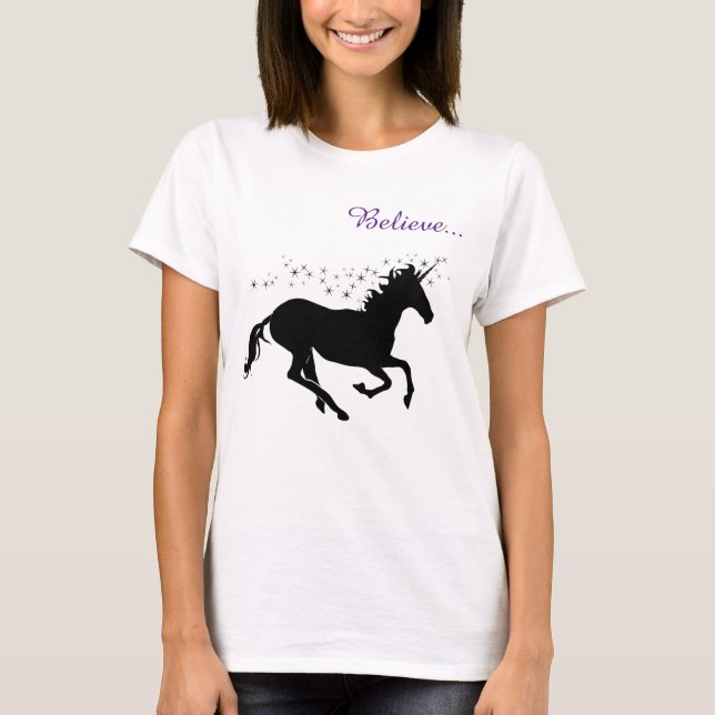 Unicorn Magic Believe Black Women's Tee (Front)