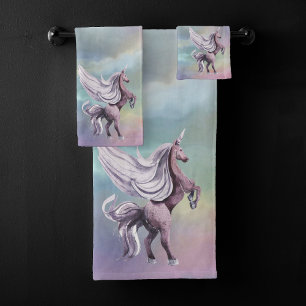 Unicorn Magic   Colourful Pastel Fantasy Watercolo Bath Towel Set