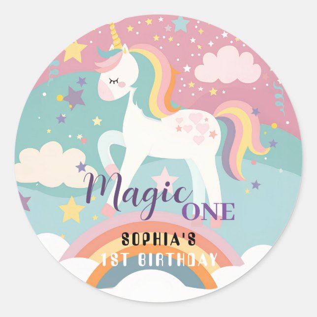  Unicorn Magic First Birthday Party Classic Round Sticker (Front)