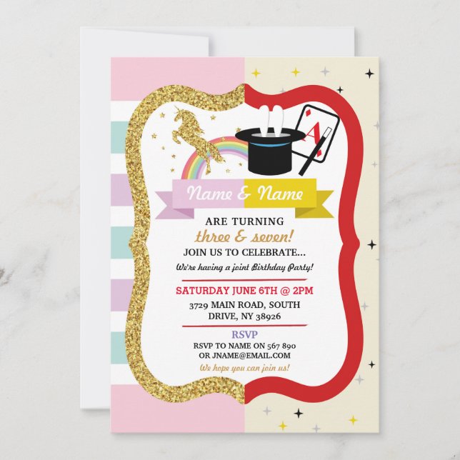 Unicorn & Magic Joint Boy Girl Birthday Invitation (Devant)