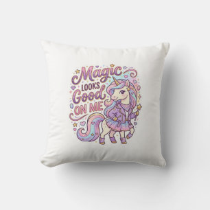 Unicorn Magic Looks Good on Me Graphic Design Whit Throw Pillow