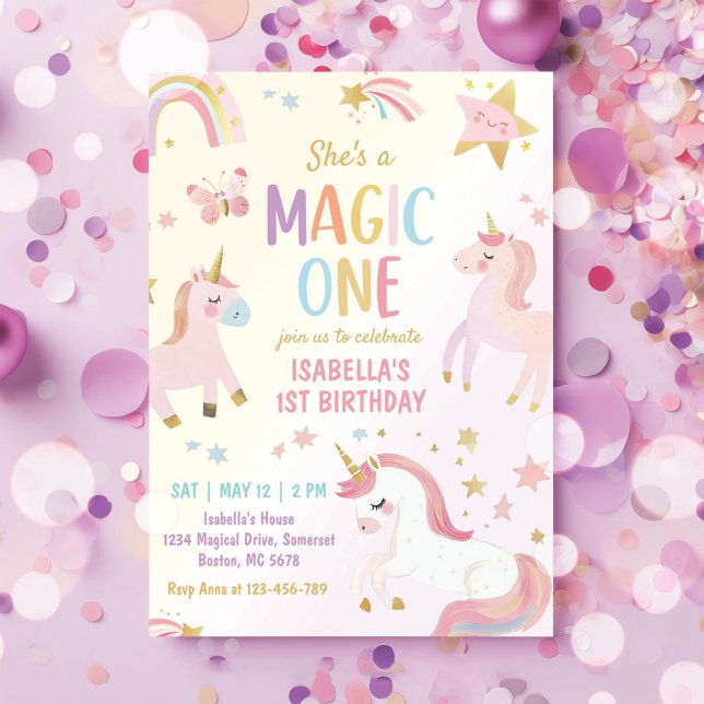 Unicorn Magic One Pastel Rainbow 1st Birthday Invitation (Creator Uploaded)