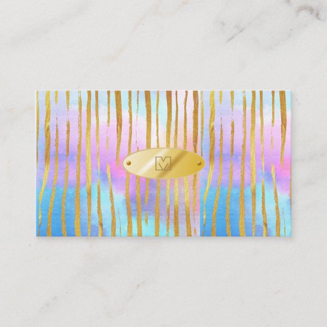 Unicorn Magic Pink Gold Stripe Monogrammed Business Card (Front)