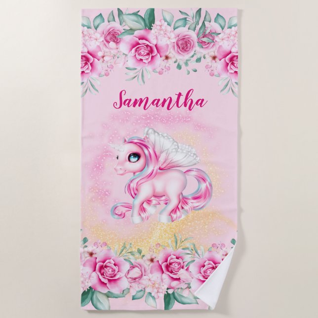 Unicorn magic pink roses DIY girls name floral Beach Towel (Front)