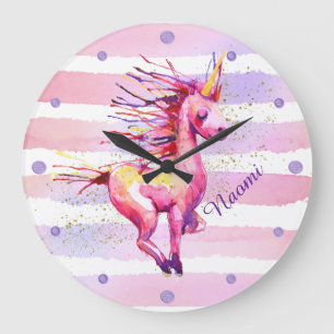 Unicorn Magic Watercolor Stripes Pink Large Clock