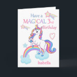 Unicorn Magical 3rd Birthday Pink Card<br><div class="desc">A cute and sweet magical unicorn birthday card design featuring a colourful unicorn standing on a cloud and Rainbow with a background of shooting stars and hearts.The card has the wording - Have a Magical Birthday in a colourful font . A sweet, cute and magical design for a little girl...</div>