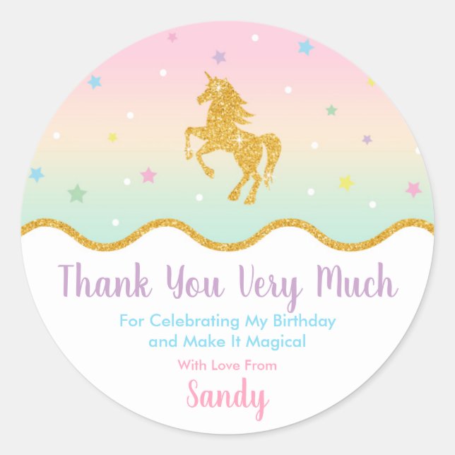 Unicorn Magical Birthday Party Favour Sticker (Front)