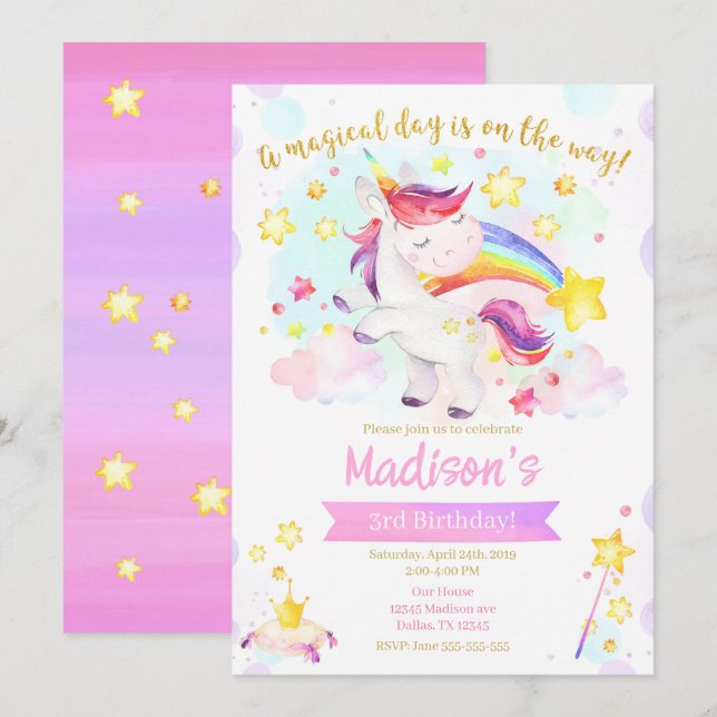 Unicorn Magical Birthday Party Invitation (Front/Back)
