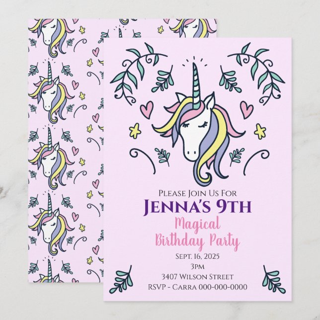 Unicorn Magical Birthday Party Invitation (Front/Back)