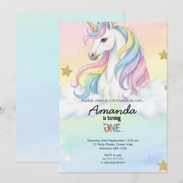Unicorn Magical Birthday Party Invitation Card (Front/Back)