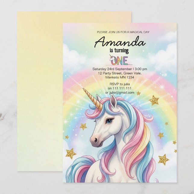 Unicorn Magical Birthday Party Invitation Card (Front/Back)