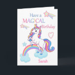 Unicorn Magical Birthday Pink Card<br><div class="desc">A cute and sweet magical unicorn birthday card design featuring a colourful unicorn standing on a cloud and Rainbow with a background of shooting stars and hearts.The card has the wording - Have a Magical Birthday in a colourful font . A sweet, cute and magical design for a little girl...</div>