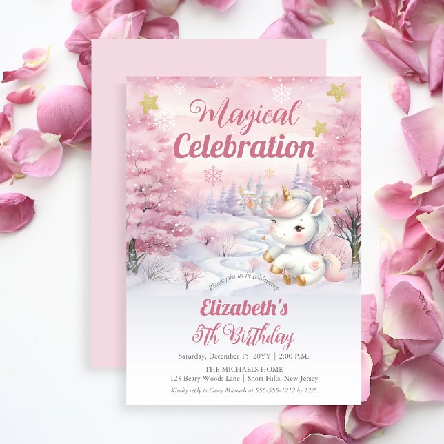 Unicorn Magical Celebration 5th Birthday Party Invitation (Unicorn Pink Magical Celebration Mythical Creature Girl's 5th Birthday Party Invitation)