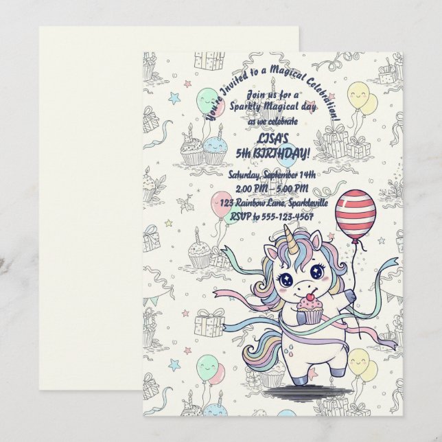 Unicorn Magical Celebration Birthday Party Invitation (Front/Back)