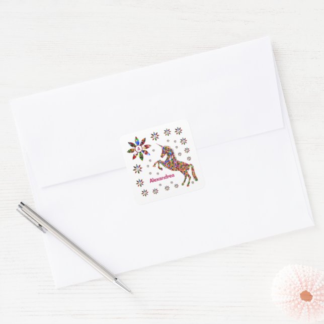  Unicorn Magical Fantasy Glitter Personalize   Square Sticker (Envelope)