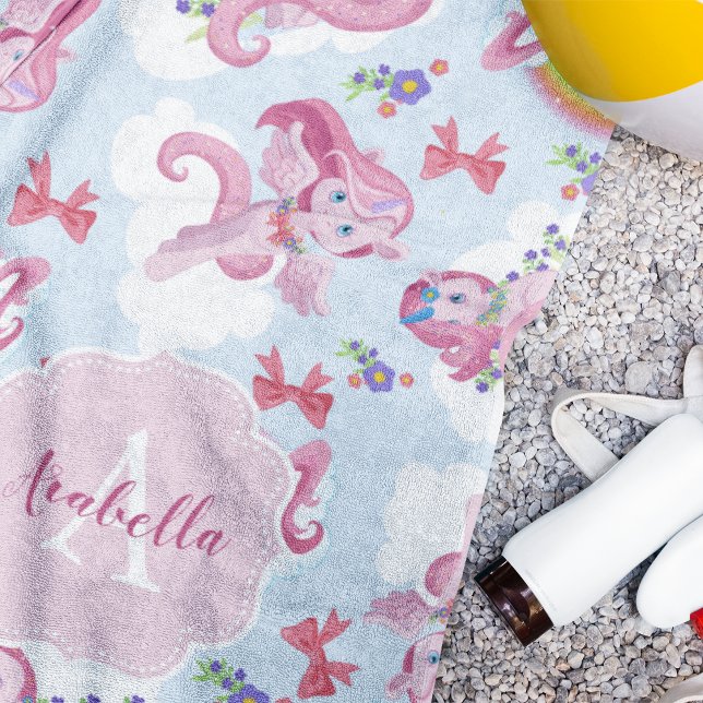 Unicorn Magical Pink Girly Rainbow Monogram Beach Towel (Magical Pink Girly Unicorn Rainbow Monogram Beach Towel)