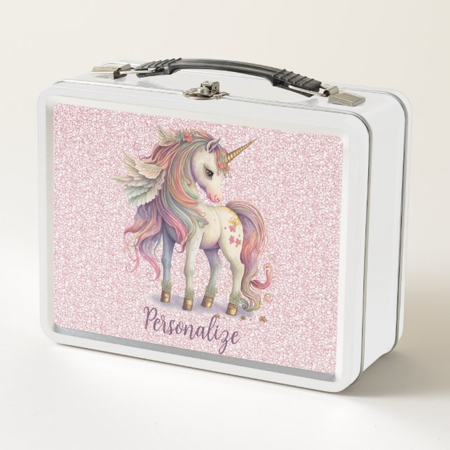 Unicorn Magical Rainbow Colours Pink Glitter Metal Lunch Box (Front)