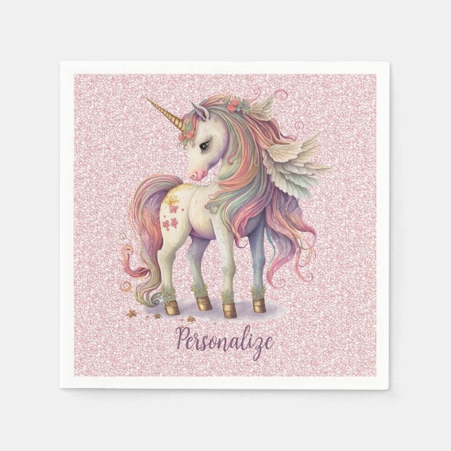 Unicorn Magical Rainbow Colours Pink Glitter Napkin (Front)