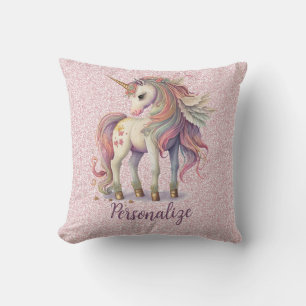 Unicorn Magical Rainbow Colours Pink Glitter Throw Pillow