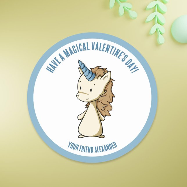 Unicorn Magical Valentine's Day Boy Classroom Classic Round Sticker (Creator Uploaded)