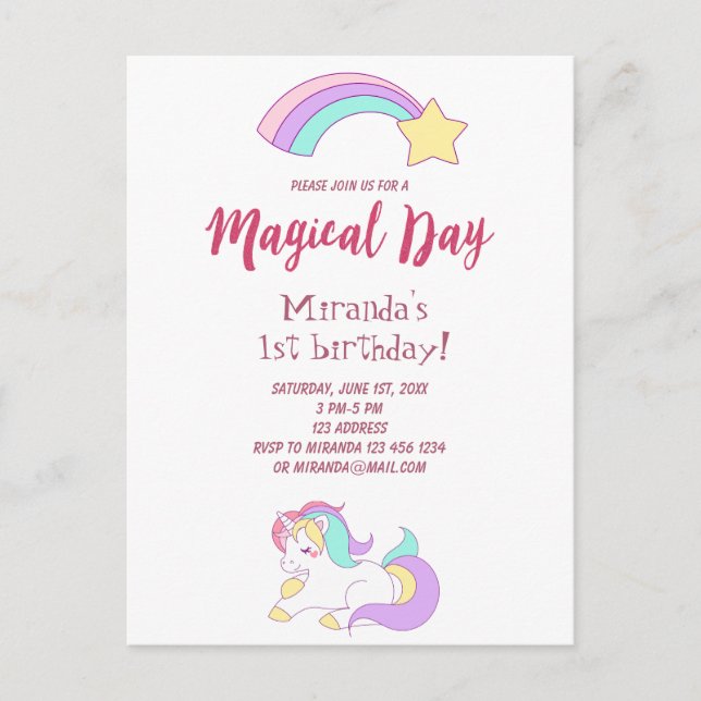 Unicorn magie girly 1er anniversaire invitation fê (Devant)