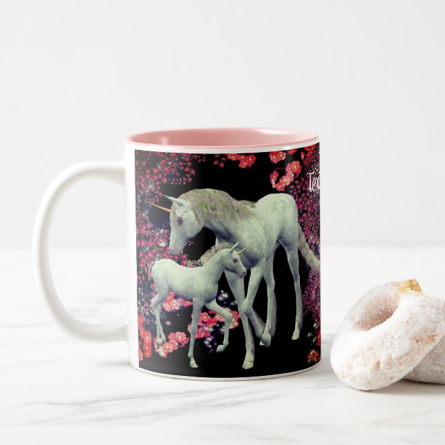Unicorn Mare And Foal Fantasy Personalized  Two-Tone Coffee Mug (With Donut)