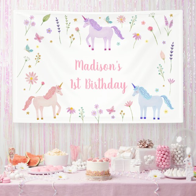 Unicorn Meadow Pastel Pink Gold Birthday Banner (Party)