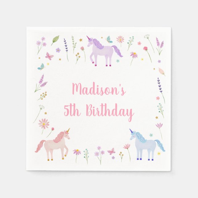 Unicorn Meadow Pastel Pink Gold Birthday Napkin (Front)
