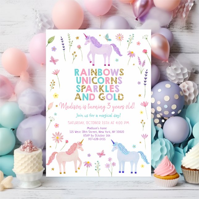 Unicorn Meadow Pastel Pink Gold Flowers Birthday Invitation (Creator Uploaded)