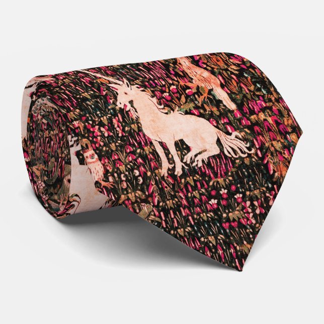 UNICORN,MEDIEVAL BESTIARY Forest Animal,Red Floral Tie (Rolled)
