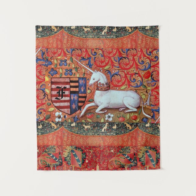 UNICORN ,MEDIEVAL FANTASY FLOWERS,FLORAL MONOGRAM TAPESTRY (Front)