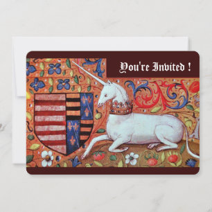 UNICORN ,MEDIEVAL FANTASY FLOWERS,RED BLUE FLORAL INVITATION