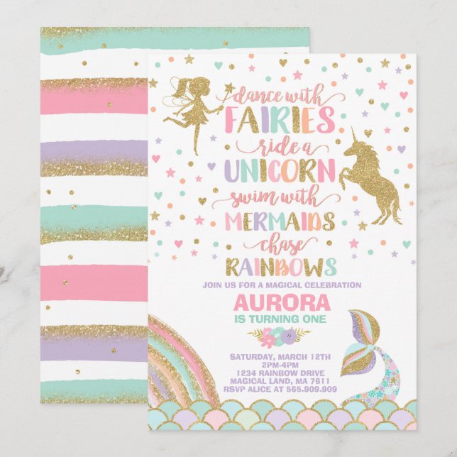 Unicorn Mermaid And Fairy Birthday Invitation (Front/Back)