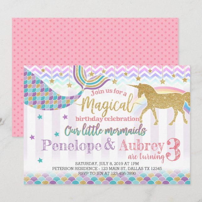 Unicorn Mermaid Birthday Party Invitation Invite (Front/Back)